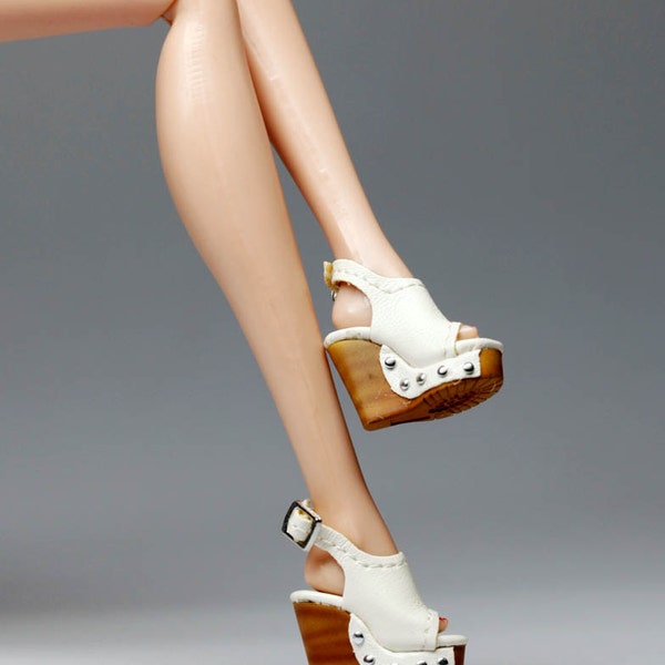 B677 The Vogue White Leather Fashion Wedge Platform High Heels Shoes for Barbie Fashion Royalty FR2 Poppy Parker Silkstone