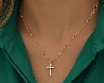 Gold Zircon Cross Pendant Necklace, Minimalist Clavicle Chain, Christian Jewelry
