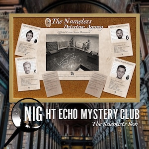 May include: A cork bulletin board titled The Nameless Detective Agency featuring an Official Crime Scene Document, four Official Suspect Document profiles with photos and physical data, and two Investigation Details notes. A magnifying glass logo reads NIGHT ECHO MYSTERY CLUB The Scientist's Son.