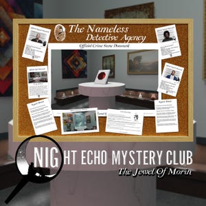 May include: A cork bulletin board titled The Nameless Detective Agency featuring Official Crime Scene Documents, suspect profiles, and photographs of a museum interior with a red jewel on a pedestal, overlaid with Night Echo Mystery Club text.