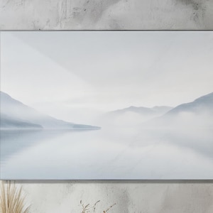 Minimal Scandinavian Fjord Wall Art, Misty Lake Digital Download, Calm Nature Poster, Nordic Landscape Printable