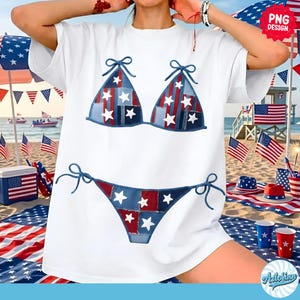 Patchwork bikinitopp PNG, USA denim baddräktströja design, trendig sommar sublimeringsdesign, boutique png, flickaktigt strandpng