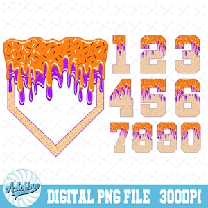 Imagen PNG de béisbol con efecto goteo: números del 0 al 9, naranja y morado (descarga digital 4500x5400px)