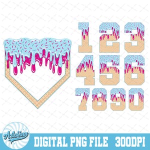 Sprinkle Drip Home Plate and Numbers PNG Bundle | Pink & Blue Drippy Ice cream Cone Waffle | Drip Baseball Number 0-9 | Drip baseball plate