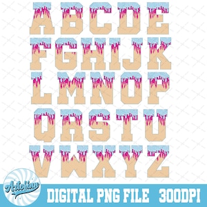 Sprinkle Drip Varsity Alphabet PNG | Pink & Blue Drippy Ice cream Cone Waffle | Drip Alpha Set | Drip baseball plate | Digital Download