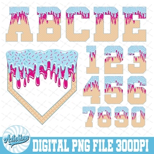 Drippy Ice Cream Alphabet Home Plate PNG Bundle, Drip Baseball Letters & Numbers Clipart, Personalized Game Day Sports (Digital Download)