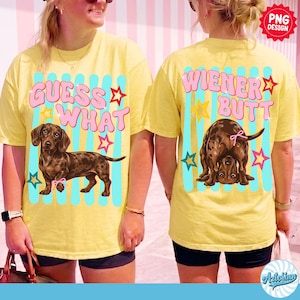 Guess What Wiener Butt PNG, Preppy Funny Dachshund PNG, Sarcastic Dog Mom Graphic, Trending Stripes Png, Boutique Png, Matching Shirt Png
