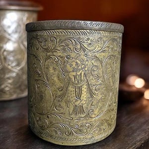 Vintage Etched Brass Jar with Lid | Indian Folk Art Brass Canister | Boho Trinket Box | Ornate Brass Storage Container | Altar Decor