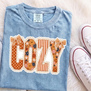Comfort Colors® Cozy Fall Patchwork T-Shirt, Coquette Autumn Bow Shirt, Cozy Season Shirt, Floral Lace Letters Shirt, Vintage Fall Shirt