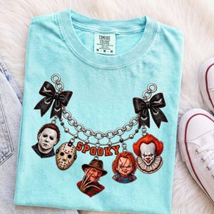 Comfort Colors® Halloween Movie Characters Charm Necklace T-Shirt, Spooky Horror Characters Shirt, Retro Halloween Collage, Scary Movie Tee