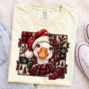 Comfort Colors® Christmas Goose T-Shirt, Patchwork Shirt, Tartan Holiday Shirt, Cute Holiday Animal Shirt, Merry Christmas Goose Shirt