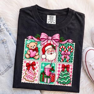 Comfort Colors® Christmas Patchwork T-Shirt, Preppy Pink Holiday Tee, Patchwork Christmas Tree Shirt, Christmas Bow, Preppy Girly Christmas