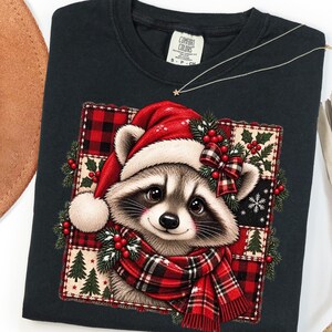 Comfort Colors® Christmas Raccoon Patchwork T-Shirt, Merry Christmas Shirt, Cute Holiday Coffee Raccoon Tee, Funny Winter Shirt, Xmas Shirt