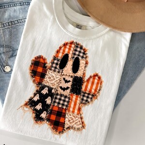 Comfort Colors® Faux Patchwork Halloween Ghost T-Shirt, Spooky Season Shirt, Cute Ghost Boo Shirt, Halloween Pumpkin Shirt, Girly Shirt.