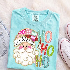Comfort Colors® Preppy Santa T-Shirt, Girly Ho Ho Ho Christmas Shirt, Colorful Patchwork Santa Claus Shirt, Polka Dot Holiday Shirt