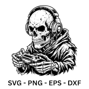 Könnte beinhalten: Schwarz-Weiß-Illustration eines Schädels mit Headset und Videospiel-Controller. Der Schädel trägt einen Kapuzenpullover. Das Bild enthält den Text "SVG - PNG - EPS - DXF".