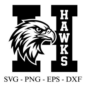 May include: Black and white graphic of an eagle's head, integrated with the letter "H" and the word "HAWKS". The image includes the file type formats: SVG, PNG, EPS, and DXF.
