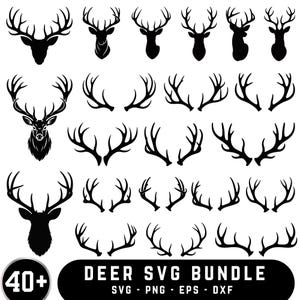 May include: A collection of black deer silhouettes and antler designs. The image includes various deer head profiles and sets of antlers, along with the text "DEER SVG BUNDLE" and file type information.