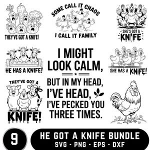 Könnte beinhalten: Ein Bundle digitaler Kunst in Schwarzweiß mit verschiedenen Illustrationen von Nutztieren und Gemüse mit humorvollem Text. Die Designs umfassen Hühner, Kühe, Schweine und Gemüse mit dem Satz "They've Got a Knife!"