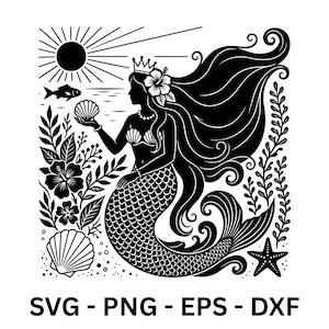 Mermaid Svg, Beach Ocean Sea Princess Clipart, Boho Summer Shell Crown Cut File, Cricut Silhouette Download for Kids & Coastal Decor