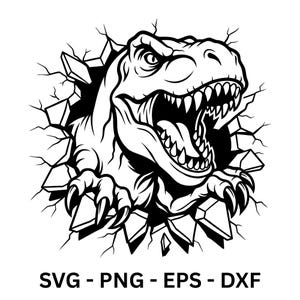 Könnte beinhalten: Schwarz-Weiß-Illustration eines Tyrannosaurus Rex, der durch eine Wand bricht. Der Dinosaurier hat scharfe Zähne und Krallen. Der Text lautet: SVG - PNG - EPS - DXF.