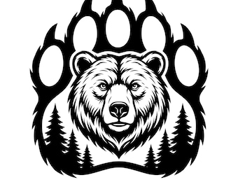 May include: Black and white illustration of a bear's head, surrounded by a bear paw print. The bear's face is detailed with fur and a focused expression. Pine trees are silhouetted below the bear. The text "SVG - PNG - EPS - DXF" is at the bottom.