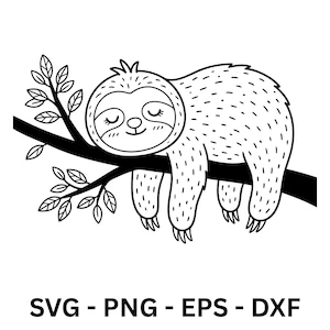 Könnte beinhalten: Schwarz-Weiß-Illustration eines Faultiers, das auf einem Ast ruht. Das Faultier hat geschlossene Augen und einen lächelnden Ausdruck. Der Text "SVG - PNG - EPS - DXF" ist enthalten.