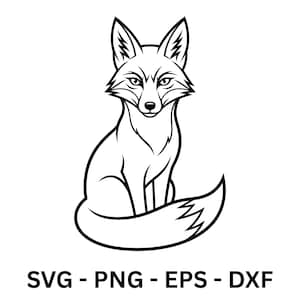 Könnte beinhalten: Schwarz-weiße Illustration eines Fuchses in sitzender Position mit detaillierten Konturen. Der Fuchs hat spitze Ohren und einen buschigen Schwanz. Der Text lautet: SVG - PNG - EPS - DXF.