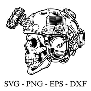 Può includere: Illustrazione in bianco e nero di un teschio con un elmetto tattico con visore notturno e cuffie. L'elmetto presenta una toppa con la bandiera americana. L'immagine include il testo "SVG - PNG - EPS - DXF".