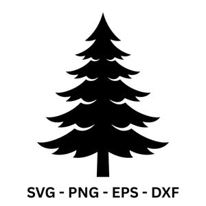 Könnte beinhalten: Eine schwarze Silhouette eines Weihnachtsbaums auf weißem Hintergrund. Der Baum hat eine dreieckige Form mit geschichteten Ästen. Darunter steht der Text "SVG - PNG - EPS - DXF".