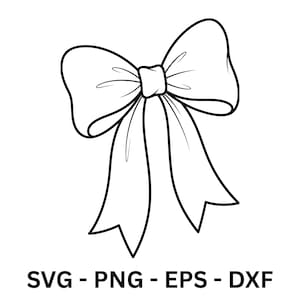 May include: A black and white line drawing of a bow. The bow has two loops and two long, pointed tails. The text "SVG - PNG - EPS - DXF" is below the bow.