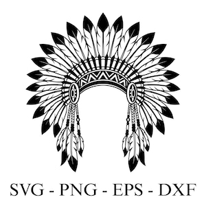 Könnte beinhalten: Schwarz-weiße Illustration eines indianischen Kopfschmucks, mit einem gebogenen Band mit geometrischen Mustern und Federn. Der Kopfschmuck hat zwei Perlenstränge mit Federn. Der Text "SVG - PNG - EPS - DXF" steht unten.