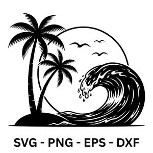 Könnte beinhalten: Schwarz-Weiß-Illustration einer tropischen Strandszene. Zwei Palmen stehen auf einer kleinen Insel, mit einer großen Welle im Vordergrund. Eine Sonne und Vögel befinden sich im Hintergrund. Der Text "SVG - PNG - EPS - DXXF" steht unten.