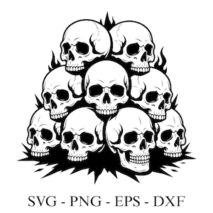 Puede incluir: Ilustración en blanco y negro de una pila de calaveras. Las calaveras están apiladas en forma de pirámide, con llamas en la parte superior e inferior. El texto "SVG - PNG - EPS - DXF" está en la parte inferior.