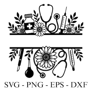 Könnte beinhalten: Schwarz-weiße Grafik zum Thema Medizin mit Stethoskop, Spritze, Pillenflasche und Thermometer. Blumen- und Blätterakzente umrahmen die medizinischen Werkzeuge. Der Text "SVG - PNG - EPS - DXF" befindet sich unten.