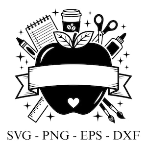 Könnte beinhalten: Schwarz-weiße Grafik eines Apfels mit Herz, umgeben von Schulmaterialien wie Schere, Notizblock und Lineal. Ein Banner über dem Apfel ist bereit für Text. Das Bild enthält den Text "SVG - PNG - EPS - DXF".