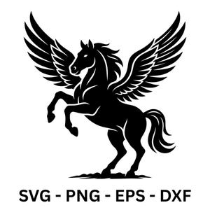 Könnte beinhalten: Schwarze Silhouette eines sich aufbäumenden Pegasus mit großen, detaillierten Flügeln. Das mythische geflügelte Pferd ist in einer dynamischen Pose vor weißem Hintergrund dargestellt. Darunter die Dateiformate: SVG - PNG - EPS - DXF.