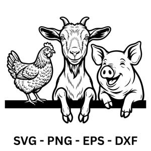 Könnte beinhalten: Schwarz-Weiß-Illustration eines Huhns, einer Ziege und eines Schweins. Das Huhn befindet sich links, die Ziege in der Mitte und das Schwein rechts. Der Text "SVG - PNG - EPS - DXF" steht unten.