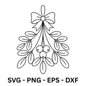 Puede incluir: Ilustración en blanco y negro de una rama de muérdago con lazo, hojas y bayas. El texto "SVG - PNG - EPS - DXXF" se encuentra en la parte inferior. Ideal para proyectos de diseño digital.
