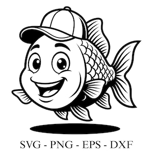 Könnte beinhalten: Schwarz-weiße Cartoon-Illustration eines lächelnden Fisches mit Baseballkappe. Der Fisch hat große Augen, Flossen und einen Schwanz. Der Text "SVG - PNG - EPS - DXF" steht darunter.
