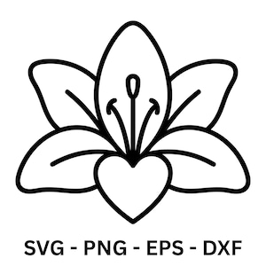 Könnte beinhalten: Schwarz-weiße Strichzeichnung einer stilisierten Blume mit herzförmigem Zentrum. Die Blume hat mehrere Blütenblätter und detaillierte Staubblätter. Unter der Blume steht der Text "SVG - PNG - EPS - DXF" in fetter, serifenloser Schrift.