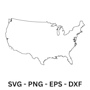 May include: Black and white outline of the United States of America. The image includes the text "SVG - PNG - EPS - DXF" in bold, black letters at the bottom of the image. The map shows the contiguous 48 states.