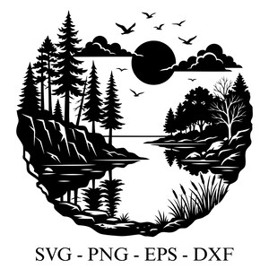 Könnte beinhalten: Schwarz-weißes kreisförmiges Landschaftsdesign mit See, Bäumen, Vögeln und Sonne. Das Bild enthält den Text "SVG - PNG - EPS - DXF". Dieses Design eignet sich für verschiedene Bastelprojekte.