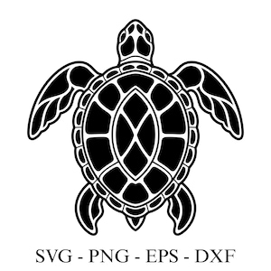 Könnte beinhalten: Schwarz-weiße Illustration einer Meeresschildkröte, von oben betrachtet. Die Flossen der Schildkröte sind ausgestreckt. Der Text "SVG - PNG - EPS - DXF" ist unten im Bild enthalten.