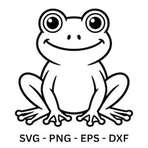 Könnte beinhalten: Schwarz-weiße Cartoon-Frosch-Illustration mit großen Augen und einem lächelnden Mund. Der Frosch sitzt mit gespreizten Beinen. Der Text "SVG - PNG - EPS - DXF" steht unter dem Frosch.