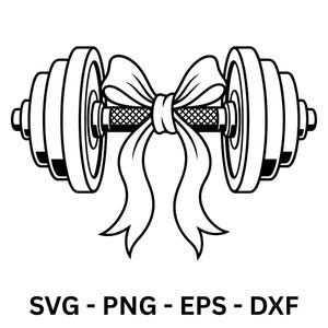 May include: Black and white illustration of a dumbbell decorated with a bow. The dumbbell has weight plates on each end. The text "SVG - PNG - EPS - DXF" is below the dumbbell.
