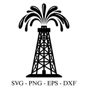May include: Black and white illustration of an oil derrick with oil spurting upwards. The image includes the text "SVG - PNG - EPS - DXF" at the bottom, indicating file formats.
