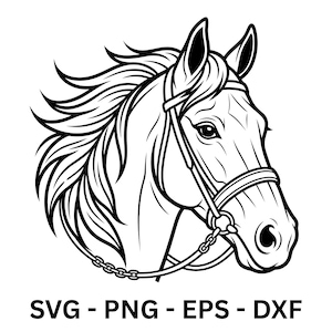 Könnte beinhalten: Schwarz-Weiß-Illustration eines Pferdekopfes mit detailliertem Zaumzeug und fließender Mähne. Der Text "SVG - PNG - EPS - DXF" am unteren Rand zeigt die verfügbaren Dateiformate an.