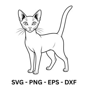 Op de afbeelding: Een zwart-wit lijntekening van een slanke kat met grote oren en een lange staart. De kat staat, naar voren gericht, met zijn snorharen zichtbaar. Onder de kat staat de tekst: SVG - PNG - EPS - DXF.