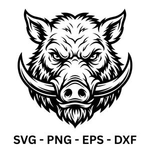 Puede incluir: Ilustración en blanco y negro de la cabeza de un jabalí, con afilados colmillos y una expresión intensa. La imagen incluye el texto "SVG - PNG - EPS - DXF" en la parte inferior, indicando formatos de archivo.